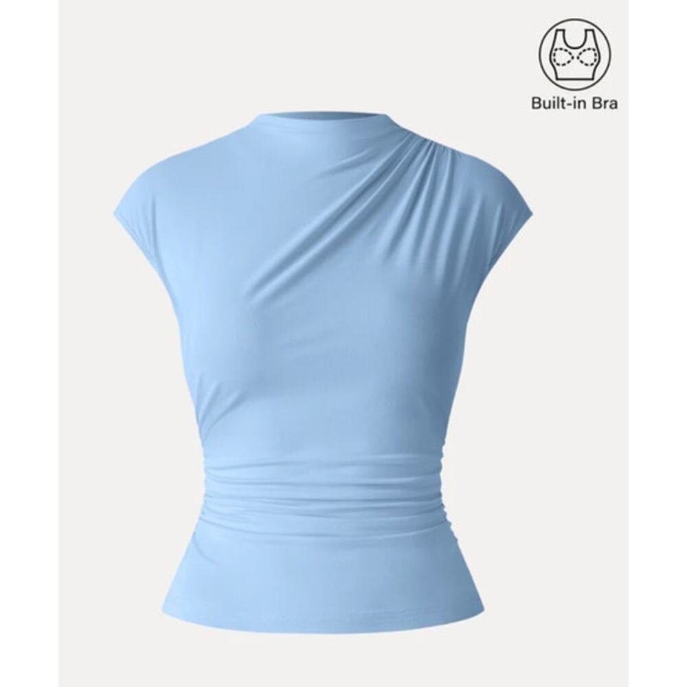 OGL Top Size S NEW Eco-SkinKiss Mockneck Ruched Cropped Bra Top Light Blue